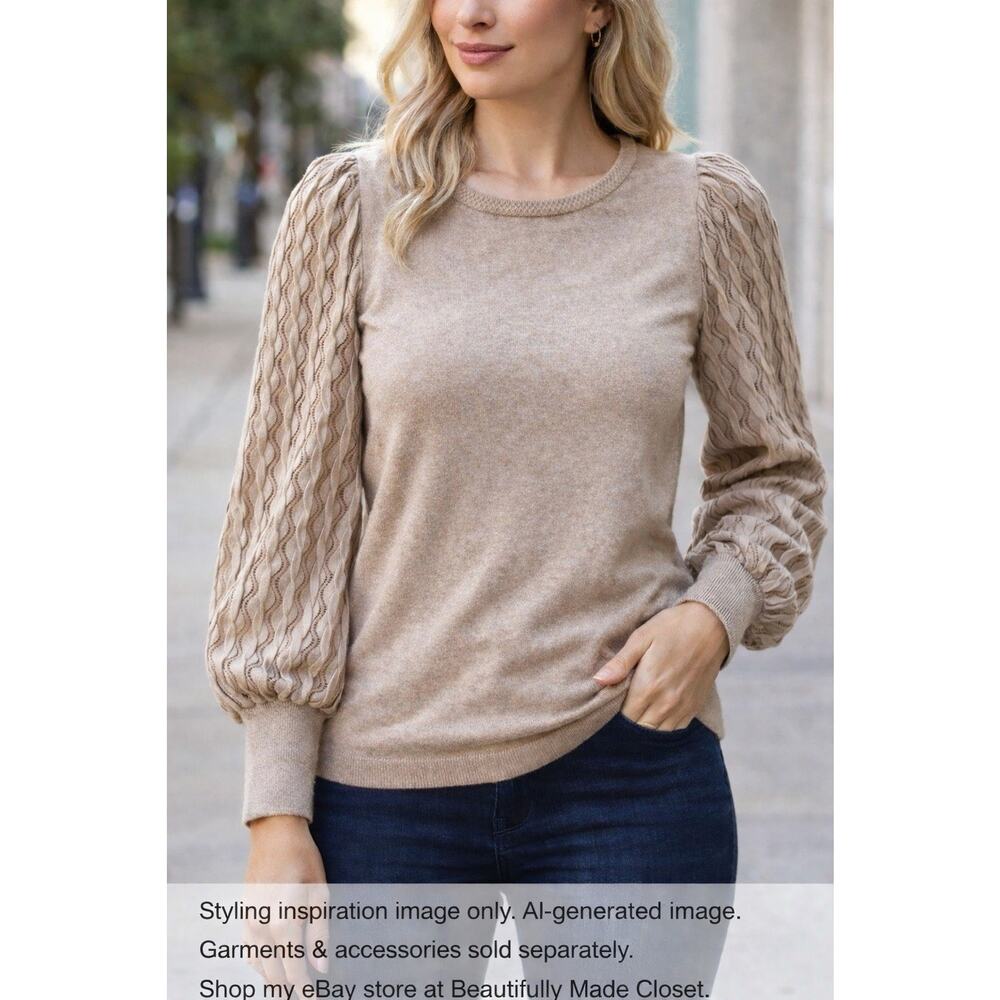 Sioni Milano Beige Puff Balloon Sleeves Textured Knit Sweater Top Women’s M